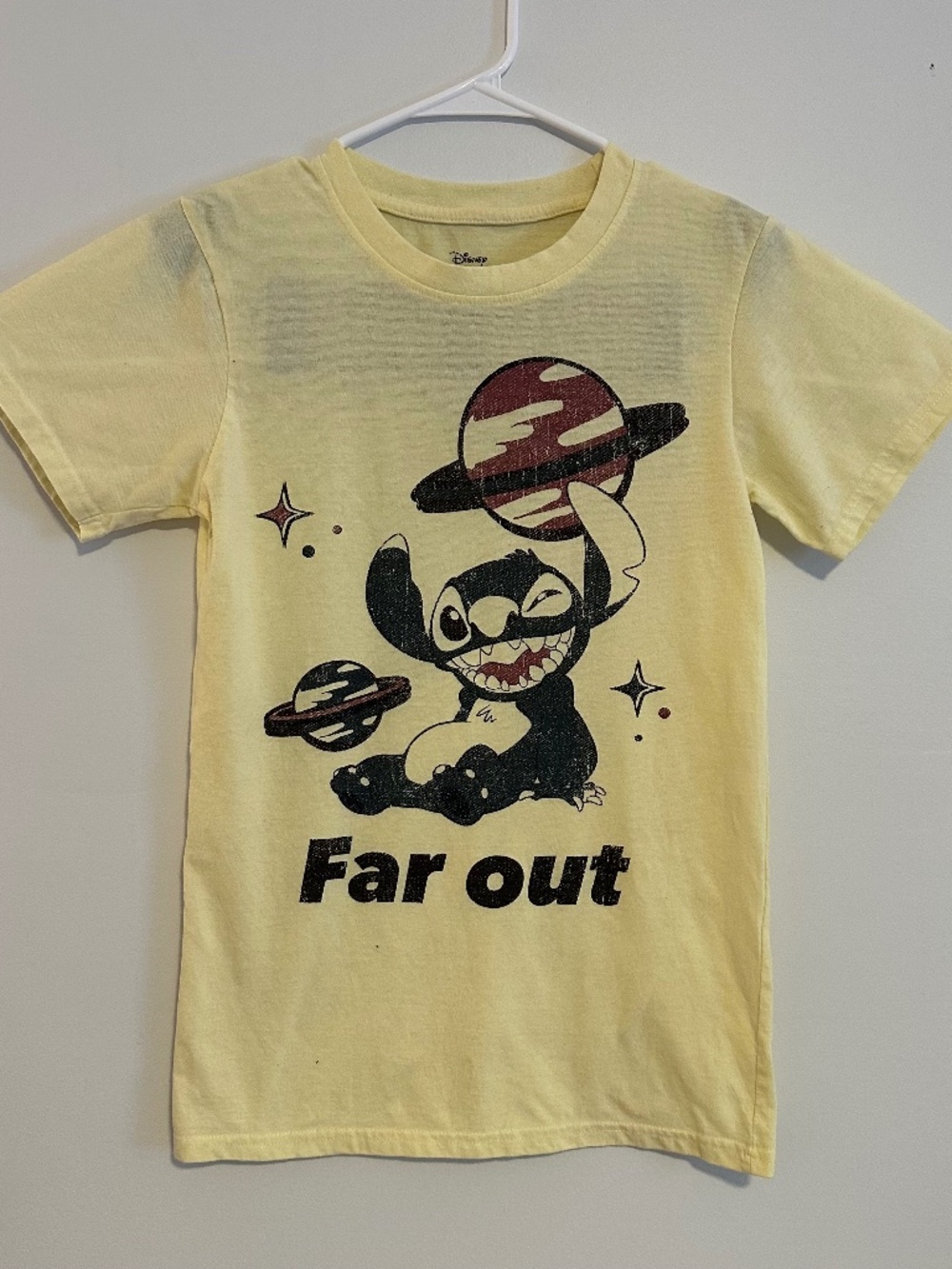 Lilo & Stitch Far Out Graphic Print T-Shirt Small Yellow TV Y2K Short Sleeve